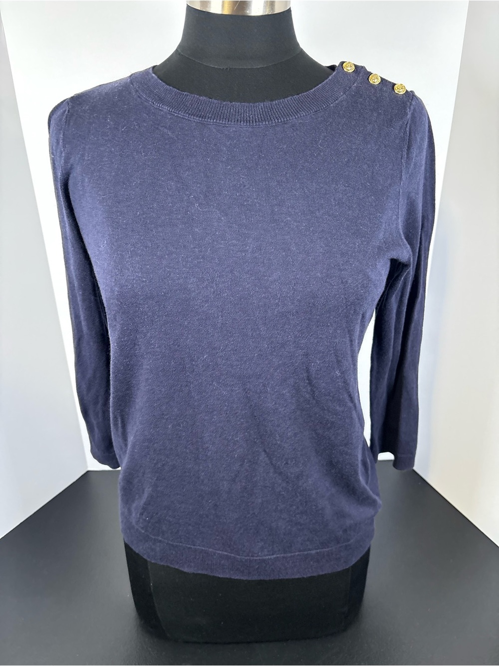 Talbots Navy Crewneck Sweater with Gold Shoulder Buttons
